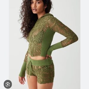 Frankie's Bikinis Olive Green Crochet Hooded Coverup Set
